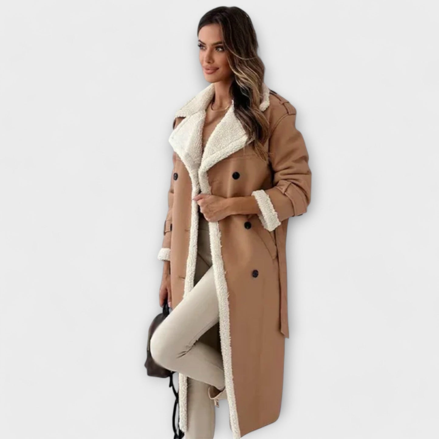 Maria – Long Manteau Classique Doublé en Polaire avec Col Teddy