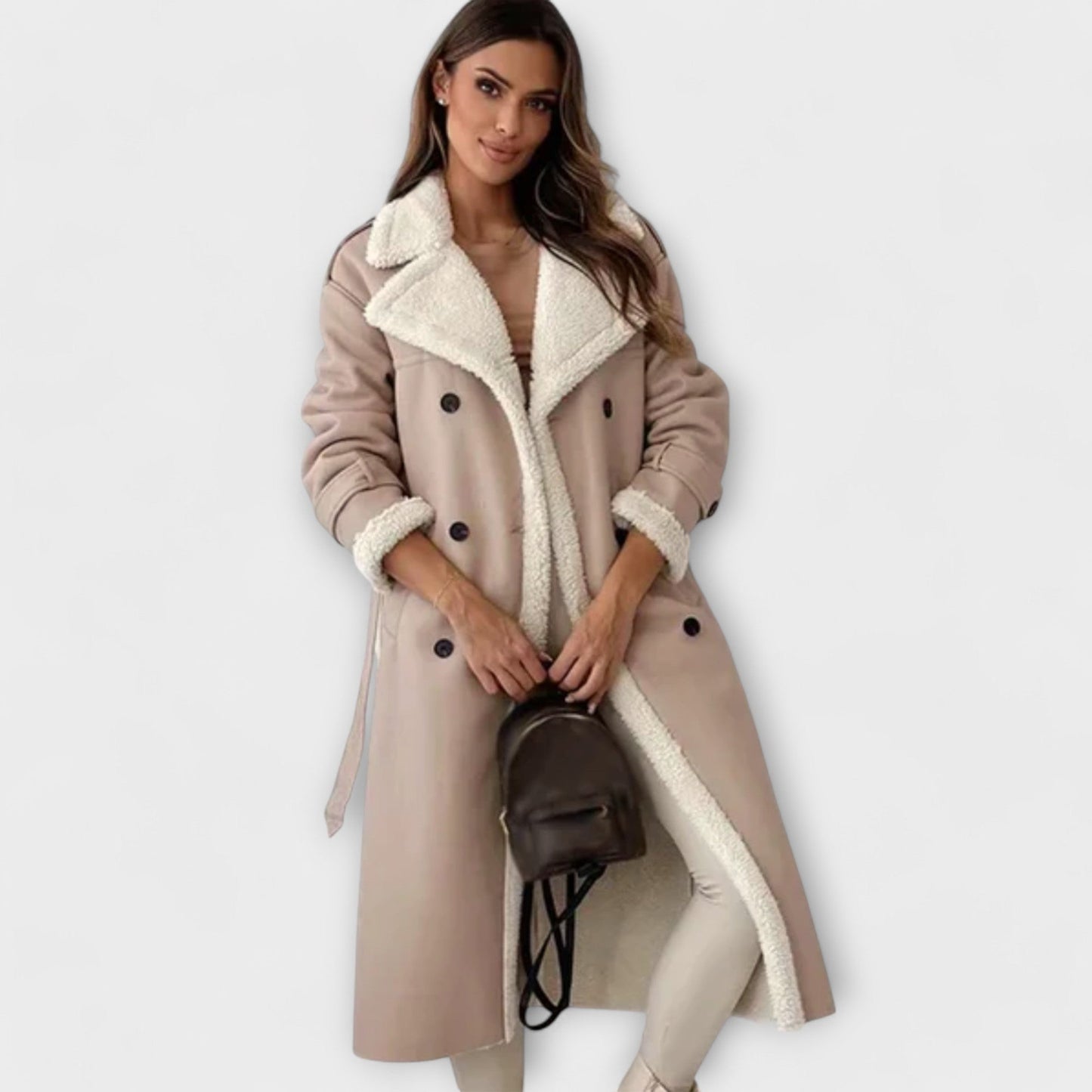 Maria – Long Manteau Classique Doublé en Polaire avec Col Teddy